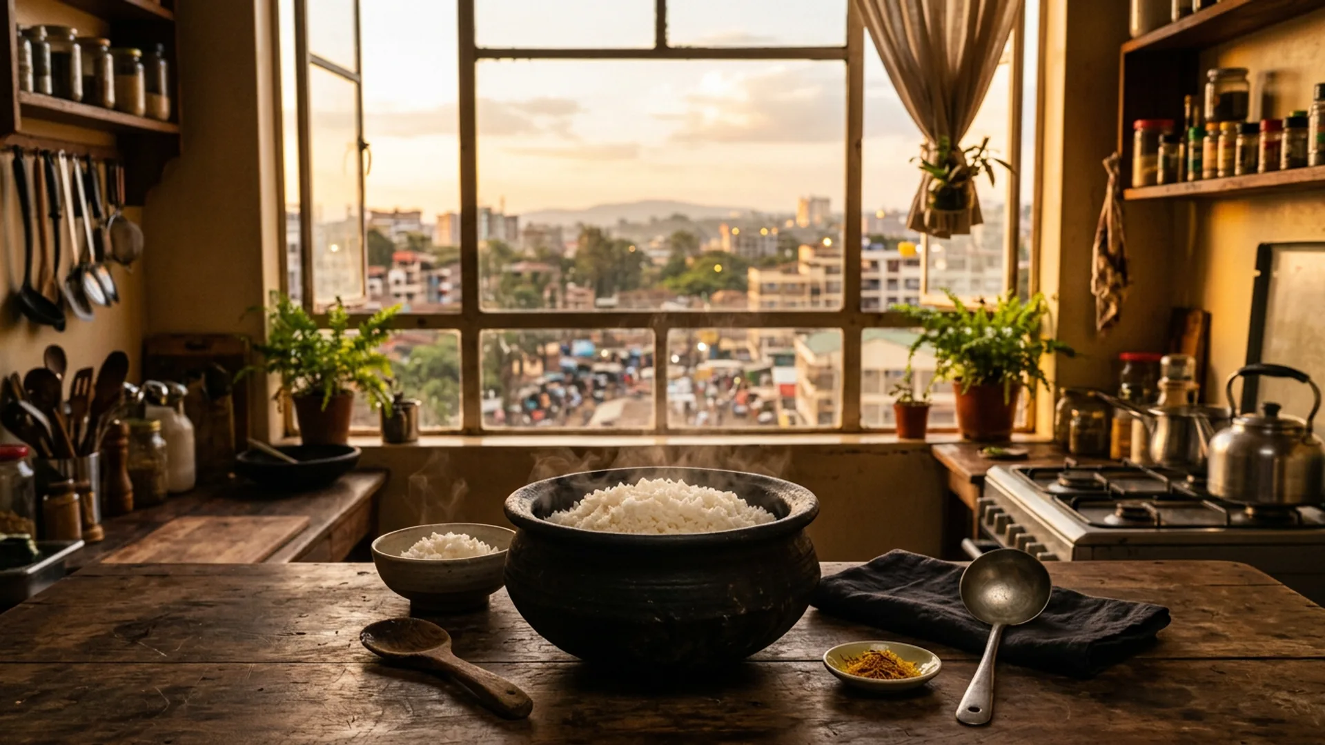Steaming rice bowl, Nairobi kitchen